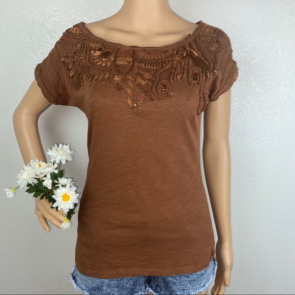 Anthro C. Keer Ribbon Embroidered Floral Beaded Embellished T-Shirt Tee Shirt - Picture 5 of 11